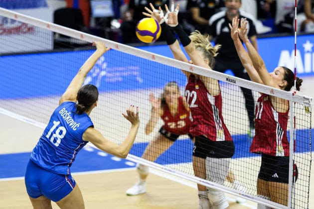 Serbia v Germany - Women s Volleyball Nations League BELGRADE, SERBIA - JULY 11: T. Boskovic (18) of Serbia in action against M. Strubbe (22) of Germany during the 2026 FIVB Volleyball Women s Nations League match between the Serbia and Germany in Belgrade, Serbia, on July 11, 2026. Filip Stevanovic Anadolu Belgrade Serbia. Editorial use only. Please get in touch for any other usage.  Copyright: x2026xAnadoluxFilipxStevanovicx