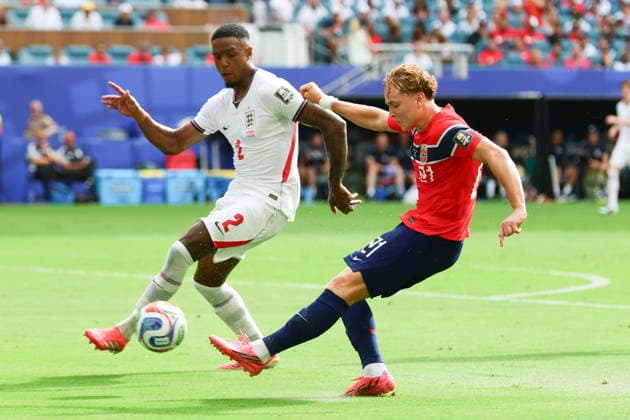 Andreas Schjelderup of Norway shoots and scores during the FIFA World Cup, WM, Weltmeisterschaft, Fussball 2026 Quarter Final match between Norway and England at the Hard Rock Stadium, Miami, USA on 11 July 2026. Copyright: xPeterxDovganx 45250037