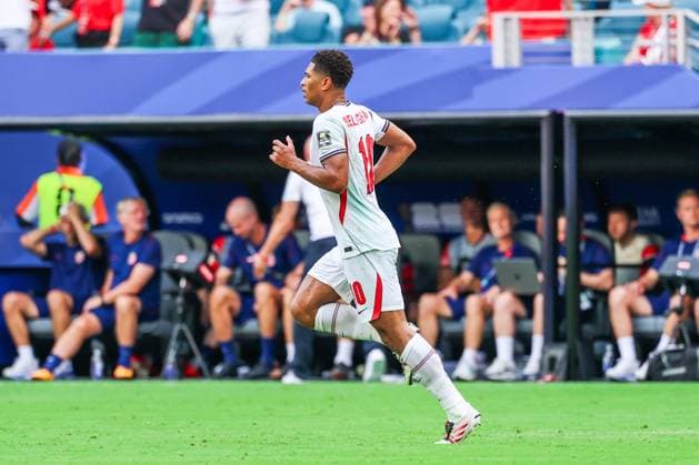 RECORD DATE NOT STATED FIFA World Cup, WM, Weltmeisterschaft, Fussball 2026 - Quarterfinals - Norway v England Jude Bellingham player of England celebrates his goal during the FIFA World Cup quarterfinal match between Norway and England, at Miami Stadium, in Florida, United States, on Saturday, July 11, 2026.(Foto: William Volcov Brazil Photo Press IMAGO) Sports Miami FL United States Copyright: xWILLIAMxVOLCOVx