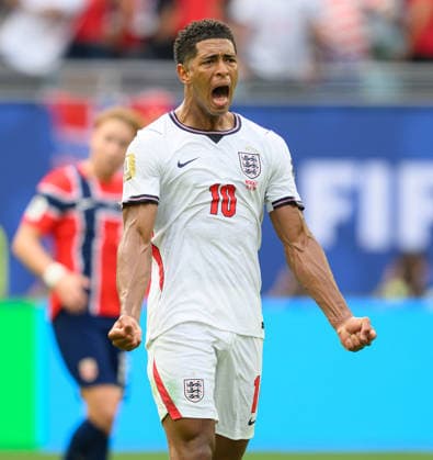 11 July 2026 - Norway v England - Miami Stadium- Quarter Final - 2026 World Cup - USA. 11 July 2026 - Norway v England - Miami Stadium- Quarter Final - 2026 World Cup - USA. Jude Bellingham celebrates his goal for England. Picture : Mark Pain MIAMI USA  Copyright: xMarkxPainx