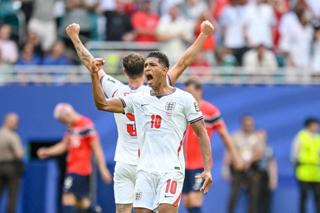 Jude Bellingham (England) celebrates after scoring his team s first goal during the FIFA World Cup, WM, Weltmeisterschaft, Fussball 2026 Quarter Final match between Norway and England at Miami Stadium on July 11, 2026 in Miami Gardens, United States. (Photo by Harry Langer DeFodi Images) - *** Jude Bellingham of England celebrates after scoring his team s first goal during the 2026 FIFA World Cup quarterfinal match between Norway and England at Miami Stadium on July 11, 2026, in Miami Gardens, United States. Photo by Harry Langer, DeFodi Images
