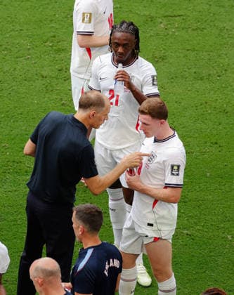 2026 FIFA World Cup, WM, Weltmeisterschaft, Fussball Quarter Final England v Norway Miami Stadium, Miami 11.07.2026 England Coach Thomas Tuchel and Elliot Anderson of England 2026 FIFA World Cup Quarter Final England v Norway Miami Stadium, Miami 11.07.2026 Photograph By Marc Aspland The Times  Copyright: xMarcxAsplandx NINTCHDBPICT001094791193