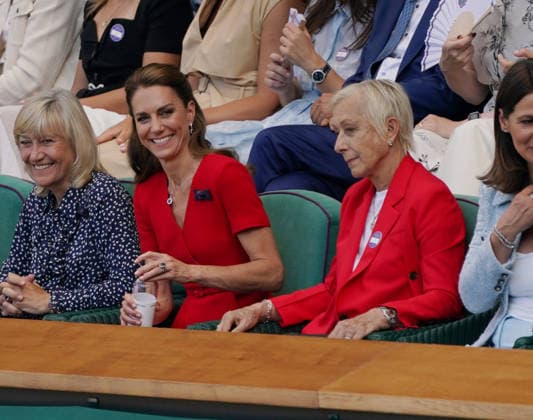 Tennis - 2026 Wimbledon Championships - Day Eleven (Week Two) - All England Lawn Tennis & Croquet Club, London - Saturday 11th July 2026 Centre Court :Ladies singles Final - Karolina Muchova (CZE) v Linda Noskova (CZE) Catherine (Kate), HRH The Princess of Wales in the Royal Box with Martina Navratilova and Billie Jean King COLORSPORT ANDREW COWIE 