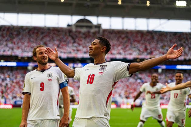 Jude Bellingham seen celebrating after scoring goal during FIFA World Cup, WM, Weltmeisterschaft, Fussball 2026 quarterfinal game between national teams of Norway and England (Edmung Wong Ball Raw Images) Miami Hard Rock Stadium USA Copyright: xEdmundxWongx edmundwong_norway_england_2526-4