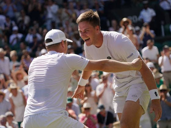 Tennis - 2026 Wimbledon Championships - Day Eleven (Week Two) - All England Lawn Tennis & Croquet Club, London - Saturday 11th July 2026 Mens Doubles Final : Henry Patten (GBR) and Harri Heliovaaran (FIN) v Marcelo Arevalo (ESA) and Mate Pavic (CRO) Henry Patten (GBR) and Harri Heliovaaran (FIN) celebrate winning match point COLORSPORT ANDREW COWIE 