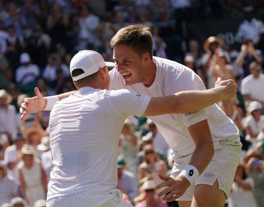 Tennis - 2026 Wimbledon Championships - Day Eleven (Week Two) - All England Lawn Tennis & Croquet Club, London - Saturday 11th July 2026 Mens Doubles Final : Henry Patten (GBR) and Harri Heliovaaran (FIN) v Marcelo Arevalo (ESA) and Mate Pavic (CRO) Henry Patten (GBR) and Harri Heliovaaran (FIN) celebrate winning match point COLORSPORT ANDREW COWIE 