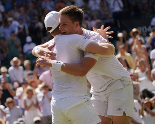 Tennis - 2026 Wimbledon Championships - Day Eleven (Week Two) - All England Lawn Tennis & Croquet Club, London - Saturday 11th July 2026 Mens Doubles Final : Henry Patten (GBR) and Harri Heliovaaran (FIN) v Marcelo Arevalo (ESA) and Mate Pavic (CRO) Henry Patten (GBR) and Harri Heliovaaran (FIN) celebrate winning match point COLORSPORT ANDREW COWIE 