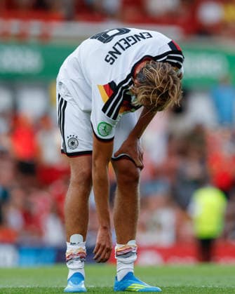 Wrexham, Wales, 11th July 2026. Luis Engelns of Germany reacts at the full time result after losing the UEFA European U19 Championship final following the Spain U19 vs Germany U19 UEFA European U19 Championship Final match at The Racecourse, Wrexham. Picture credit should read: Cody Froggatt Sportimage EDITORIAL USE ONLY. No use with unauthorised audio, video, data, fixture lists, club league logos or live services. Online in-match use limited to 120 images, no video emulation. No use in betting, games or single club league player publications. SPI_060_CF_SPAIN_U19_V_GERMANY_U19_FINAL SPI-4858-0060