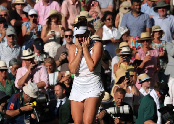 RECORD DATE NOT STATED 11th July 2026; All England Lawn Tennis and Croquet Club, London, England; Wimbledon Tennis Tournament, Day Thirteen; Linda Noskova (CZE) crying after winning the Ladies Singles Final to be 2026 Wimbledon Champion JohnxPatrickxFletcher