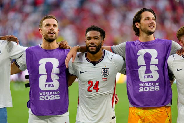 Jordan Hendersonm Reece James and James Trafford seen during FIFA World Cup, WM, Weltmeisterschaft, Fussball 2026 quarterfinal game between national teams of Norway and England (Edmung Wong Ball Raw Images) Miami Hard Rock Stadium USA Copyright: xEdmundxWongx edmundwong_norway_england_2526_5-28
