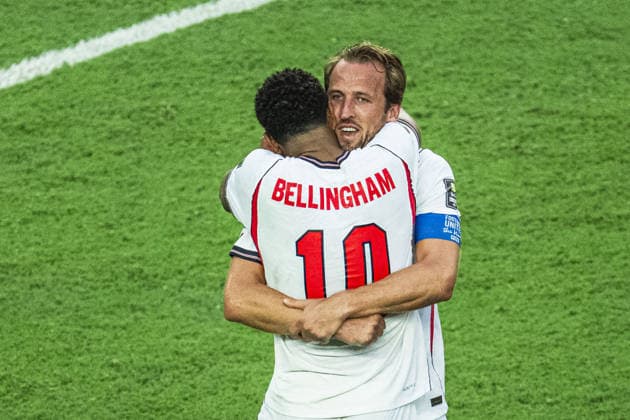 Harry Kane of England and Jude Bellingham of England celebrates after win during the FIFA World Cup, WM, Weltmeisterschaft, Fussball 2026 Quarter-final match between Norway and England at Miami Stadium on July 11th,2026 (Photo by Joao Bravo Sports Press Photo)  Copyright: xJoaoxBravo SportsxPressxPhotox Sportspressphoto_SPR189359