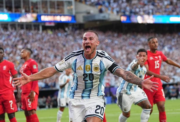 Alexis Mac Allister (Argentina) scores and celebrates his teams first goal during Argentina and Switzerland, Quarter final FIFA World Cup, WM, Weltmeisterschaft, Fussball 2026, Kansas Stadium, Kansas, USA on July 11, 2026. Thor Wegner DeFodi Images. (Photo by DeFodi Images) - *** Alexis Mac Allister of Argentina scores and celebrates his team s first goal during the quarterfinal match between Argentina and Switzerland at the 2026 FIFA World Cup at Kansas Stadium in Kansas, USA, on July 11, 2026. Photo by DeFodi Images (Thor Wegner)