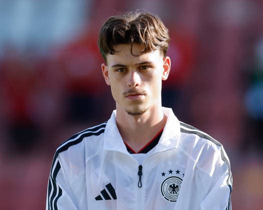 Wrexham, Wales, 11th July 2026. Luca Erlein of Germany ahead of the Spain U19 vs Germany U19 UEFA European U19 Championship Final match at The Racecourse, Wrexham. Picture credit should read: Cody Froggatt Sportimage EDITORIAL USE ONLY. No use with unauthorised audio, video, data, fixture lists, club league logos or live services. Online in-match use limited to 120 images, no video emulation. No use in betting, games or single club league player publications. SPI_116_CF_SPAIN_U19_V_GERMANY_U19_FINAL SPI-4858-0116
