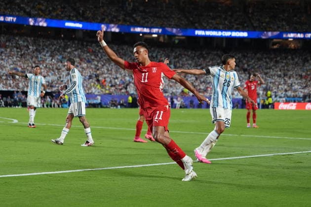 Argentina v Switzerland - FIFA World Cup, WM, Weltmeisterschaft, Fussball 2026 - Quarter Finals KANSAS CITY, UNITED STATES - JULY 11: Ndoye (11) of Switzerland in action during the 2026 FIFA World Cup quarter-final match between Argentina and Switzerland at Arrowhead Stadium in Kansas City, Missouri, US, on July 11, 2026. Ercin Erturk Anadolu Kansas City United States. Editorial use only. Please get in touch for any other usage.  Copyright: x2026xAnadoluxErcinxErturkx