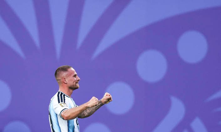 (260712) -- KANSAS CITY, July 12, 2026 -- Alexis Mac Allister of Argentina celebrates after scoring during the quarter final match between Argentina and Switzerland at the 2026 FIFA World Cup, WM, Weltmeisterschaft, Fussball at the Kansas City Stadium in Kansas City, the United States, July 11, 2026. ) (SP)U.S.-KANSAS CITY-FOOTBALL-FIFA WORLD CUP-QUARTER FINAL-ARG VS SUI LixMing 