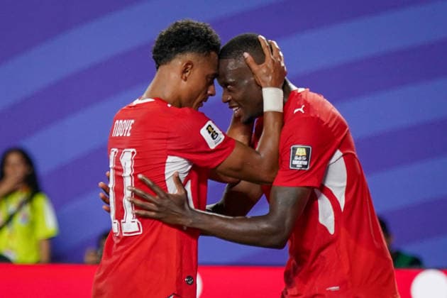USA: Fussball FIFA World Cup, WM, Weltmeisterschaft, Fussball 2026, Viertelfinale - Argentinien vs Schweiz - Kansas City Stadium (GEHA Field at Arrowhead Stadium, Kansas City, Missouri): Tor und Torjubel zum 1:1 durch Dan Ndoye (Schweiz, 11) Freude, Emotionen, Jubel mit Denis Zakaria (Schweiz, 6) *** USA Soccer 2026 FIFA World Cup, Quarterfinals: Argentina vs. Switzerland at GEHA Field at Arrowhead Stadium, Kansas City, Missouri. Goal and celebration following the 1-1 equalizer by Dan Ndoye (Switzerland), 11; joy, emotion, and celebration with Denis Zakaria (Switzerland), 6 Copyright: xJOERANxSTEINSIEKx