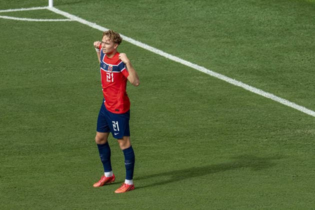 Andreas Schjelderup of Norway celebrates after scoring team s first goal during the FIFA World Cup, WM, Weltmeisterschaft, Fussball 2026 Quarter-final match between Norway and England at Miami Stadium on July 11th,2026 (Photo by Joao Bravo Sports Press Photo)  Copyright: xJoaoxBravo SportsxPressxPhotox Sportspressphoto_SPR189611