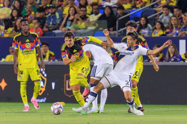 July 11, 2026, Carson, California, USA: Miki Yamane 2 of the LA Galaxy loses the ball to Raphael Veiga 23 of Club America during a friendly match on Saturday July 11, 2026 at Dignity Health Sports Park Stadium in Carson, California. JAVIER ROJAS PI LA Galaxy Vs. Club America  - ZUMAp124 20260711_zaa_p124_006 Copyright: xJavierxRojasx