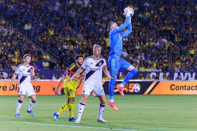 July 11, 2026, Carson, California, USA: Goalkeeper, Novak Micovic 1 of the LA Galaxy catches the ball during their International Friendly, Länderspiel, Nationalmannschaft game against Club America on Saturday July 11, 2026 at the Dignity Health Sports Park Stadium in Carson, California. Galaxy defeat America, 1-0. ARIANA RUIZ PI Carson USA - ZUMAp124 20260711_zaa_p124_033 Copyright: xArianaxRuizx