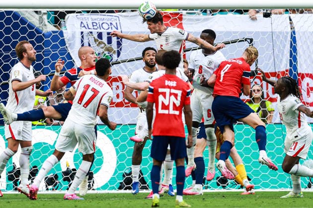 MIAMI GARDENS, FLORIDA - JULY 11: John Stones of England heads the ball during the FIFA World Cup, WM, Weltmeisterschaft, Fussball 2026 Quarter Final match between Norway and England at Miami Stadium on July 11, 2026 in Miami Gardens, Florida.  Copyright: xVCGx 111653803766