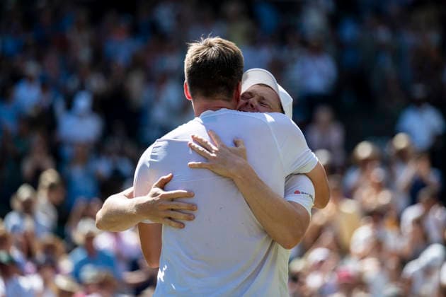 (260712) -- LONDON, July 12, 2026 -- Harri Heliovaara (R) Henry Patten celebrate winning the men s doubles final match between Harri Heliovaara (Finland) Henry Patten (Britain) and Marcelo Arevalo (El Salvador) Mate Pavic (Croatia) at the Wimbledon Tennis Championships in London, Britain, on July 11, 2026. (Photo by Xinhua) (SP)BRITAIN-LONDON-TENNIS-WIMBLEDON-MEN S DOUBLES StephenxChung 