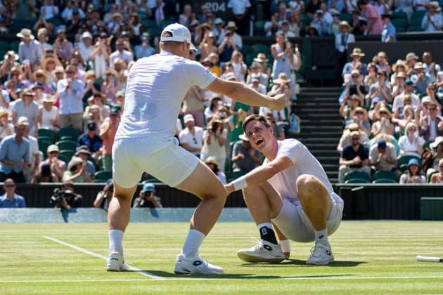 (260712) -- LONDON, July 12, 2026 -- Harri Heliovaara Henry Patten (R) celebrate winning the men s doubles final match between Harri Heliovaara (Finland) Henry Patten (Britain) and Marcelo Arevalo (El Salvador) Mate Pavic (Croatia) at the Wimbledon Tennis Championships in London, Britain, on July 11, 2026. (Photo by Xinhua) (SP)BRITAIN-LONDON-TENNIS-WIMBLEDON-MEN S DOUBLES StephenxChung 