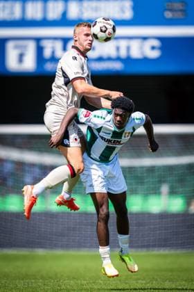 DORDRECHT , 11-07-2026 , M-Scores Stadium , season 2026 2027 , Dutch Preseason football , match between FC Dordrecht and Excelsior Rotterdam , picture shows FC Dordrecht player Ninho Felicia and Excelsior Rotterdam player Rick Meissen Dordrecht - Excelsior (friendly)  x204992175x Copyright: