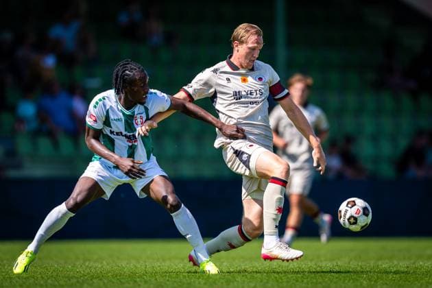 DORDRECHT , 11-07-2026 , M-Scores Stadium , season 2026 2027 , Dutch Preseason football , match between FC Dordrecht and Excelsior Rotterdam , picture shows Excelsior Rotterdam player Adam Carlen and FC Dordrecht player Yunus Younous Dordrecht - Excelsior (friendly)  x204992180x Copyright: