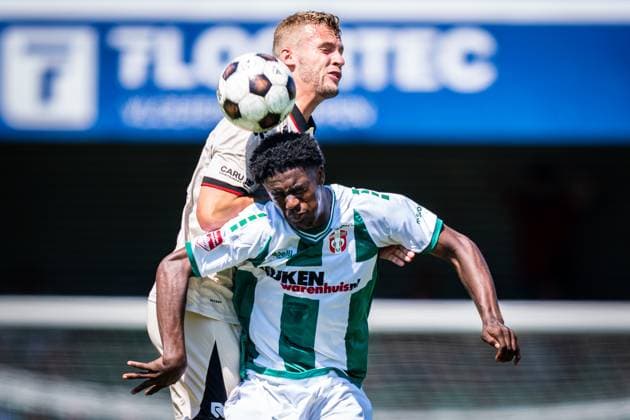 DORDRECHT , 11-07-2026 , M-Scores Stadium , season 2026 2027 , Dutch Preseason football , match between FC Dordrecht and Excelsior Rotterdam , picture shows FC Dordrecht player Ninho Felicia and Excelsior Rotterdam player Rick Meissen Dordrecht - Excelsior (friendly)  x204992188x Copyright: