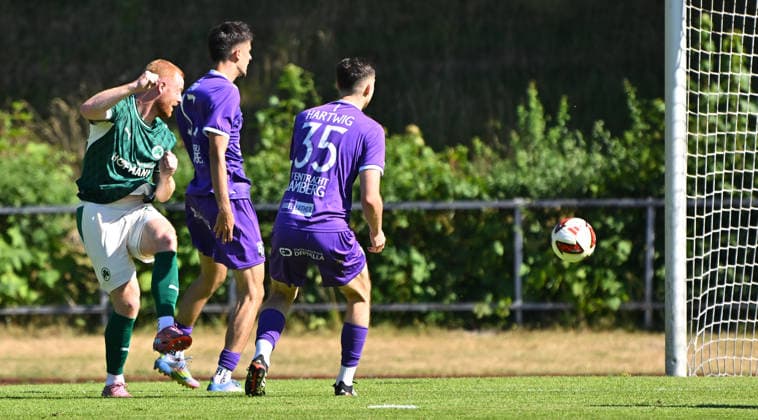 11.07.2026 - Fussball - Saison 2026 2027 - Testspiel Freundschaftsspiel - FC Eintracht Bamberg - SpVgg Greuther Fürth ( Kleeblatt ) - - Sportfoto Zink MeZi - xmexzix - regulations prohibit any use of photographs as image sequences and or quasi-video - only for editorial use - Paul Will (13, SpVgg Greuther Fürth ) erzielt Treffer Tor Torschuß zum 1:1 gegen Emil Rizai (33, FC Eintracht Bamberg ) Jonas Hartwig (35, FC Eintracht Bamberg ) *** July 11, 2026 Soccer Season 2026–2027 Exhibition Match Friendly Match FC Eintracht Bamberg vs. SpVgg Greuther Fürth Kleeblatt Sports Photo by Zink MeZi xmexzix; regulations prohibit any use of photographs as image sequences and or quasi-video; for editorial use only. Paul Will 13, SpVgg Greuther Fürth scores a goal—a shot on goal—to tie the game 1–1 against Emil Rizai 33, FC Eintracht Bamberg Jonas Hartwig 35, FC Eintracht Bamberg