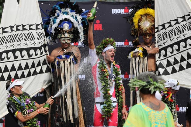 USA HAWAII IRONMAN Ironman World Championship, WM, Weltmeisterschaft epa05577461 Second placed Sebastian Kienle (L), winner Jan Frodeno (C) and third placed Patrick Lange (R), all of Germany, celebrate with champagne on the podium after the Ironman World Championship triathlon, in Hawaii, USA, 08 October 2016. Kailua-Kona United States  Copyright: xBrucexOmorix