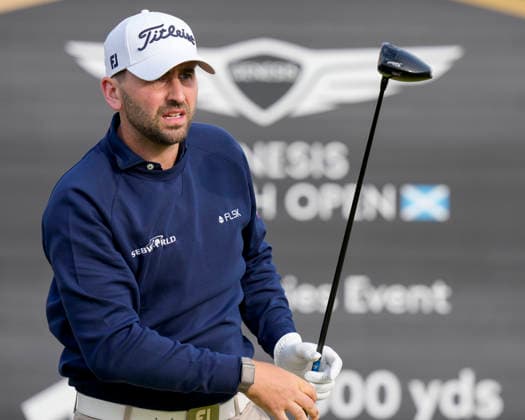 NORTH BERWICK, SCOTLAND - JULY 12: Nicolai Von Dellingshausen plays from the twelfth tee during the delayed Round 3 of the Genesis Scottish Open at the Renaissance Club, North Berwick on July 12, 2026 in North Berwick, Scotland Genesis Scottish Open Round 3