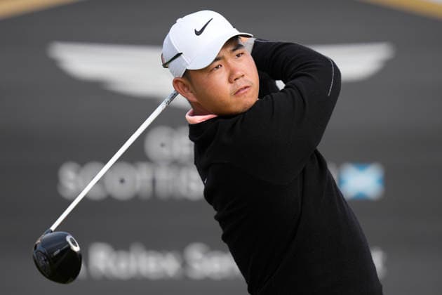 NORTH BERWICK, SCOTLAND - JULY 12: Tom Kim plays from the twelfth tee during the delayed Round 3 of the Genesis Scottish Open at the Renaissance Club, North Berwick on July 12, 2026 in North Berwick, Scotland Genesis Scottish Open Round 3