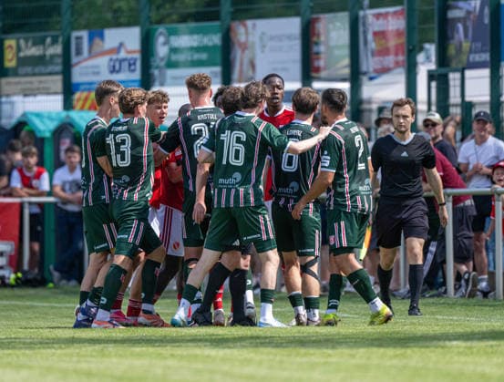 Fußball, Herren, Testspiel, Saison 2026 2027, Hallescher FC - FC Energie Cottbus in Finsterwalde, Rudelbildung nach einem Foul von Robert Berger (Halle), 11.07. 2026, *** Soccer, Men s, Friendly Match, 2026–2027 Season, Hallescher FC vs. FC Energie Cottbus in Finsterwalde, a scuffle breaks out after a foul by Robert Berger of Halle, July 11, 2026, Copyright: xSebastianxRäppold MatthiasxKochx