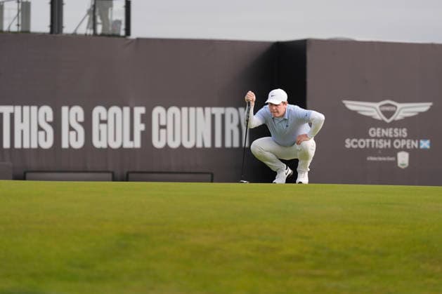 NORTH BERWICK, SCOTLAND - JULY 12: Robert MacIntyre lines up a putt on the 18th green during the delayed Round 3 of the Genesis Scottish Open at the Renaissance Club, North Berwick on July 12, 2026 in North Berwick, Scotland Genesis Scottish Open Round 3