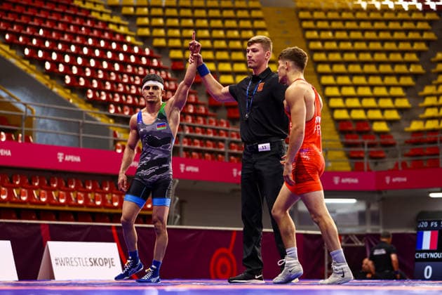 U20 European Championships 57kg FS - Muhammad Ismayilov (AZE) df. Gaspard Camille Cheynoux (FRA) *** U20 European Championships, 57 kg Freestyle: Muhammad Ismayilov (AZE) defeated Gaspard Camille Cheynoux (FRA) Copyright: xJakexKirkmanx xUnitedxWorldxWrestlingx Jake Kirkman United World Wrestling