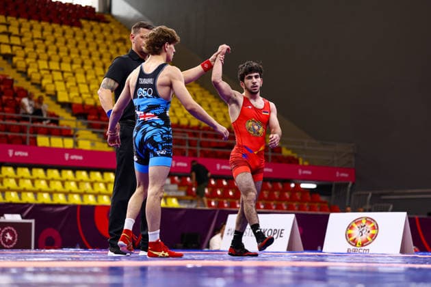 U20 European Championships 57kg FS - Sasha Petrosyan (ARM) df. Giorgi Tsuriashvili (GEO) *** U20 European Championships, 57 kg Freestyle: Sasha Petrosyan (ARM) defeated Giorgi Tsuriashvili (GEO) Copyright: xJakexKirkmanx xUnitedxWorldxWrestlingx Jake Kirkman United World Wrestling
