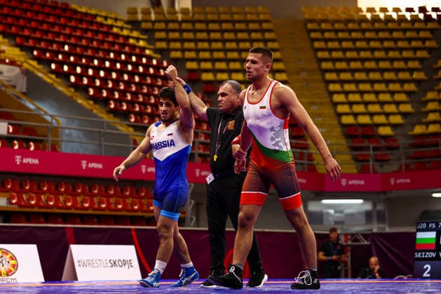 U20 European Championships 70kg FS - Ramazan Abdulkadyrov (RUS) df. Vladislav Stanislavov Seizov (BUL) *** U20 European Championships, 70 kg Freestyle: Ramazan Abdulkadyrov (RUS) defeated Vladislav Stanislavov Seizov (BUL) Copyright: xJakexKirkmanx xUnitedxWorldxWrestlingx Jake Kirkman United World Wrestling
