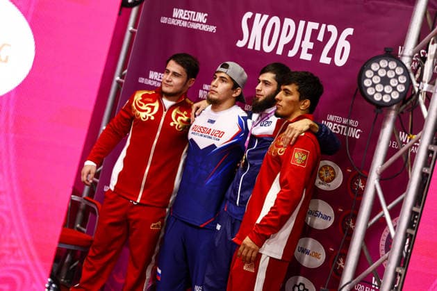 U20 European Championships Podium 79kg FS - Gold: Magomed Alibakharchiev (RUS) *** U20 European Championships Podium, 79 kg Freestyle: Gold – Magomed Alibakharchiev (RUS) Copyright: xJakexKirkmanx xUnitedxWorldxWresx Jake Kirkman United World Wres