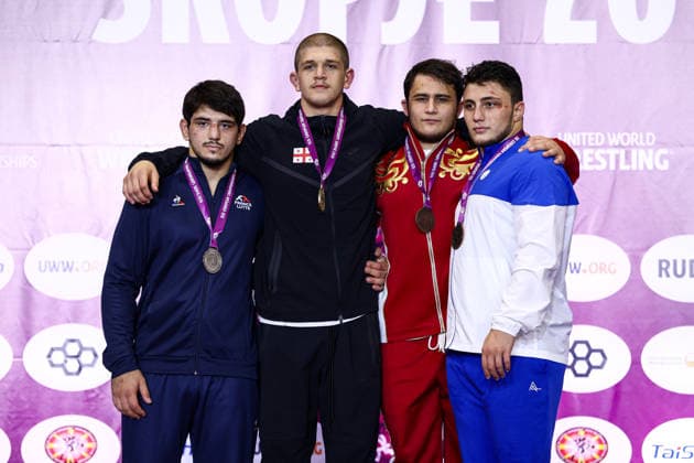 U20 European Championships Podium 97kg FS - Gold: Konstantine Petriashvili (GEO), Silver: Ashab Dadaev (FRA), Bronze: Shamil Tambiev (RUS), Farhad Suleymanli (AZE) *** U20 European Championships Podium: 97 kg Freestyle—Gold: Konstantine Petriashvili (GEO), Silver: Ashab Dadaev (FRA), Bronze: Shamil Tambiev (RUS), Farhad Suleymanli (AZE) Copyright: xJakexKirkmanx xUnitedxWorldxWrestlingx Jake Kirkman United World Wrestling
