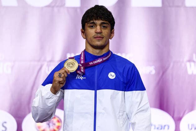 U20 European Championships Podium 70kg FS - Gold: Haji Karimov (AZE) *** U20 European Championships, 70kg Freestyle, Gold Medal: Haji Karimov (AZE) Copyright: xJakexKirkmanx xUnitedxWorldxWrestlingx Jake Kirkman United World Wrestling