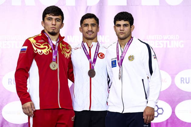 U20 European Championships Podium 79kg FS - Gold: Magomed Alibakharchiev (RUS),Bronze: Yasin Uzun (TUR), Narek Nikoghosyan (ARM) *** U20 European Championships Podium: 79 kg Freestyle—Gold: Magomed Alibakharchiev (RUS); Bronze: Yasin Uzun (TUR); Narek Nikoghosyan (ARM) Copyright: xJakexKirkmanx xUnitedxWorldxWresx Jake Kirkman United World Wres