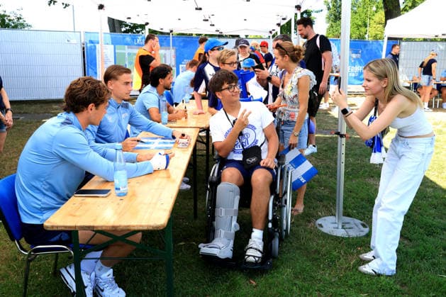 DEU, DFL, 2. FBL Hertha BSC, Saisoneroeffnung, 12.07.2026, Sportforum, Berlin, DEU, DFL, 2. FBL Hertha BSC, Saisoneroeffnung, Hertha-Spieler, Hertha-BSC Fans, Linus Gechter (Hertha BSC Berlin 44), Marten Winkler (Hertha BSC Berlin 22) DFL - regulations prohibit any use of Photographs as image sequences and or quasi-video *** GER, DFL, 2. Bundesliga Hertha BSC, Season Opener, July 12, 2026, Sportforum, Berlin, GER, DFL, 2nd Bundesliga Hertha BSC, Season Opener, Hertha Players, Hertha BSC Fans, Linus Gechter Hertha BSC Berlin 44, Marten Winkler Hertha BSC Berlin 22. DFL regulations prohibit any use of photographs as image sequences and or quasi-video. Nordphotox xEngler nph00076