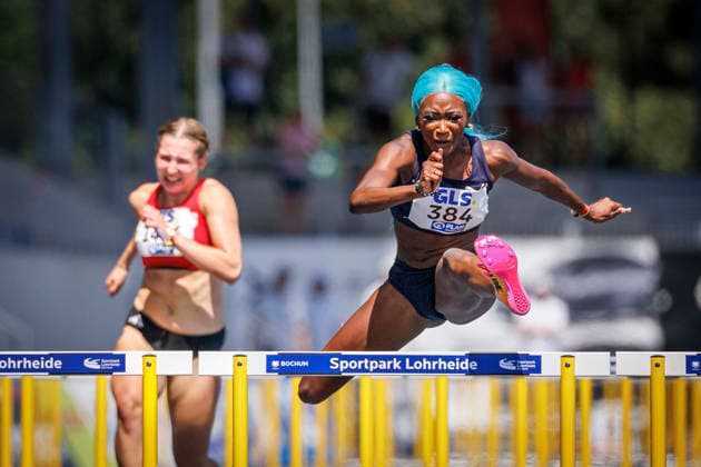 85. Deutsche Meisterschaften U20; Bochum, 12.07.2026 Daryl Ndasi (Munich Athletics) gewinnt über 100m Hürden; 85. Deutsche Meisterschaften U20 am 12.07.2026 im Lohrheidestadion, Bochum (Nordrhein-Westfalen) *** 85th German U20 Championships, Bochum, July 12, 2026: Daryl Ndasi of Munich Athletics wins the 100-meter hurdles at the 85th German U20 Championships on July 12, 2026, at Lohrheidestadion, Bochum, North Rhine-Westphalia Copyright: xBEAUTIFULxSPORTS B.Hoffmannx