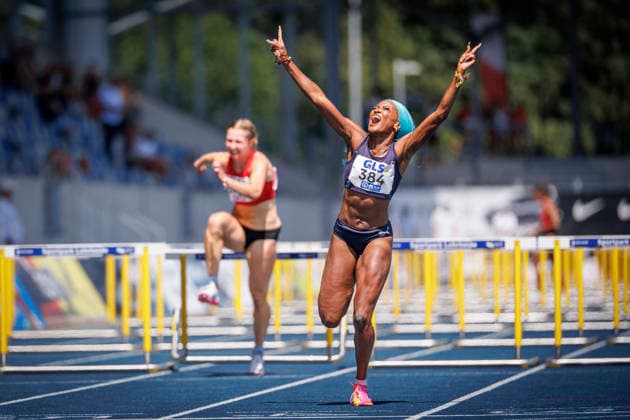 85. Deutsche Meisterschaften U20; Bochum, 12.07.2026 Daryl Ndasi (Munich Athletics) gewinnt über 100m Hürden; 85. Deutsche Meisterschaften U20 am 12.07.2026 im Lohrheidestadion, Bochum (Nordrhein-Westfalen) *** 85th German U20 Championships, Bochum, July 12, 2026: Daryl Ndasi of Munich Athletics wins the 100-meter hurdles at the 85th German U20 Championships on July 12, 2026, at Lohrheidestadion, Bochum, North Rhine-Westphalia Copyright: xBEAUTIFULxSPORTS B.Hoffmannx