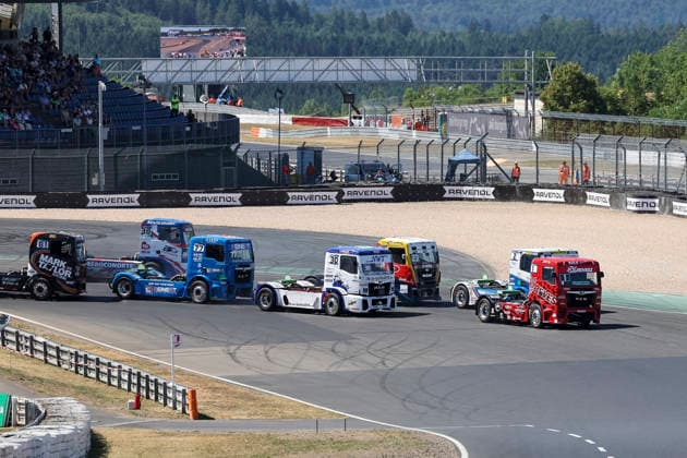 Norbert Kiss (HUN) MAN (1), Revesz Racing, Jochen Hahn (GER) Iveco (2) Team Hahn Racing, Sascha Lenz (GER) MAN (30), SL Trucksport, Antonio Albacete (ESP) MAN (23), T Bernau, Rene Reinert (GER) MAN (77), Racing Racing, Jose Eduardo Rodrigues (POR) MAN (38), Reboconort RacingTruck Team und Mark Taylor (GBR) MAN (81), Taylors Trucksport Racing , Deutschland, Motorsport, Int. Shell ADAC Truck Grand Prix, Goodyear ETRC FIA European Truck Racing Championship, Quali, 2026, 12.07.2026, Nürburg Nürburgring Deutschland *** Norbert Kiss HUN MAN 1, Revesz Racing; Jochen Hahn GER Iveco 2, Team Hahn Racing; Sascha Lenz GER MAN 30, SL Trucksport; Antonio Albacete ESP MAN 23, T Sport Bernau; Rene Reinert GER MAN 77, Racing Racing; Jose Eduardo Rodrigues POR MAN 38, Reboconort RacingTruck Team, and Mark Taylor GBR MAN 81, Taylors Trucksport Racing, Germany, Motorsports, Int Shell ADAC Truck Grand Prix, Goodyear ETRC FIA European Truck Racing Championship, Qualifying, 2026, July 12, 2026, Nürburg Nürburgring, Germany Copyright: xGrantxHubbsx