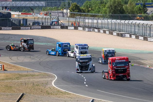 Norbert Kiss (HUN) MAN (1), Revesz Racing und Jochen Hahn (GER) Iveco (2) Team Hahn Racing, Antonio Albacete (ESP) MAN (23), T Bernau, Sascha Lenz (GER) MAN (30), SL Trucksport, Rene Reinert (GER) MAN (77), Racing Racing und Mark Taylor (GBR) MAN (81), Taylors Trucksport Racing, 2 Runde , Deutschland, Motorsport, Int. Shell ADAC Truck Grand Prix, Goodyear ETRC FIA European Truck Racing Championship, Race 3, 2026, 12.07.2026, Nürburg Nürburgring Deutschland *** Norbert Kiss HUN MAN 1, Revesz Racing, and Jochen Hahn GER Iveco 2, Team Hahn Racing; Antonio Albacete ESP MAN 23, T Sport Bernau; Sascha Lenz GER MAN 30, SL Trucksport; Rene Reinert GER MAN 77, Racing Racing, and Mark Taylor GBR MAN 81, Taylors Trucksport Racing, Round 2, Germany, Motorsports, Int Shell ADAC Truck Grand Prix, Goodyear ETRC FIA European Truck Racing Championship, Race 3, 2026, July 12, 2026, Nürburg Nürburgring, Germany Copyright: xGrantxHubbsx