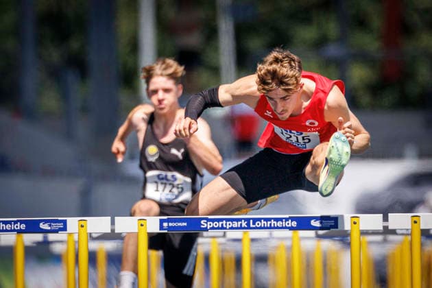 85. Deutsche Meisterschaften U20; Bochum, 12.07.2026 Marc Leonard Hildebrand (Dresdner SC 1898) gewinnt über die 110m Hürden und hatte im Halbfinale einen neuen deutschen U20-Rekord aufgestellt; 85. Deutsche Meisterschaften U20 am 12.07.2026 im Lohrheidestadion, Bochum (Nordrhein-Westfalen) *** 85 German U20 Championships, Bochum, July 12, 2026: Marc Leonard Hildebrand of Dresdner SC 1898 won the 110-meter hurdles and set a new German U20 record in the semifinals at the 85th German U20 Championships on July 12, 2026, at the Lohrheidestadion, Bochum, North Rhine-Westphalia Copyright: xBEAUTIFULxSPORTS B.Hoffmannx