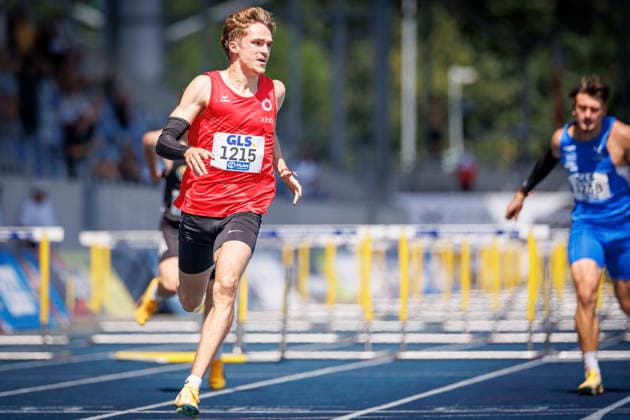 85. Deutsche Meisterschaften U20; Bochum, 12.07.2026 Marc Leonard Hildebrand (Dresdner SC 1898) gewinnt über die 110m Hürden und hatte im Halbfinale einen neuen deutschen U20-Rekord aufgestellt; 85. Deutsche Meisterschaften U20 am 12.07.2026 im Lohrheidestadion, Bochum (Nordrhein-Westfalen) *** 85 German U20 Championships, Bochum, July 12, 2026: Marc Leonard Hildebrand of Dresdner SC 1898 won the 110-meter hurdles and set a new German U20 record in the semifinals at the 85th German U20 Championships on July 12, 2026, at the Lohrheidestadion, Bochum, North Rhine-Westphalia Copyright: xBEAUTIFULxSPORTS B.Hoffmannx