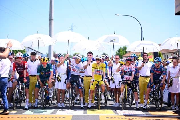 Tour de France 2026 Stage 9 USSEL, FRANCE - JULY 12 : Slock Liam (BEL) of Lotto - Intermarche, Pedersen Mads (DEN) of Lidl - Trek,Del Toro Isaac (MEX) of UAE Team Emirates - XRG, Pogacar Tadej (SLO) of UAE Team Emirates - XRG, Vingegaard Jonas (DEN) of Team Visma Lease a Bike, Merlier Tim (BEL) of Soudal Quick-Step during stage 9 of the 113rd edition of Tour de France an UCI World Tour 2.UWT cycling road race stage for Men Elite of 185 km with start in Malemort and finish in Ussel on July 12, 2026 in Ussel, France, 12 07 2026 Ussel France  Copyright: xTomasxSiskx